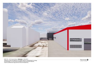 3D-visualisering (rendering) av en nybyggprosjekt med hvite fasader og røde detaljer.