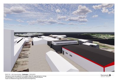 3D-visualisering (rendering) av et nytt byggprosjekt med omgivelsene.