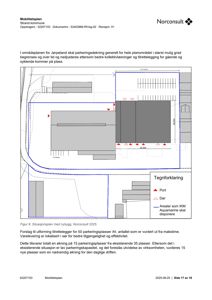 Situasjonsplan som viser plassering av nybygg, eksisterende bygninger, veier og parkeringsarealer i forhold til hverandre.