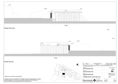 Fasadetegning som viser oppriss av bygningens fasader sett fra nord-vest og sør-øst, inkludert høyder og nybyggmarkering.