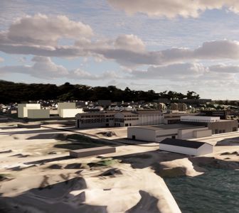 3D-visualisering av et byggeprosjekt med flere bygninger, terreng og vann i bakgrunnen.