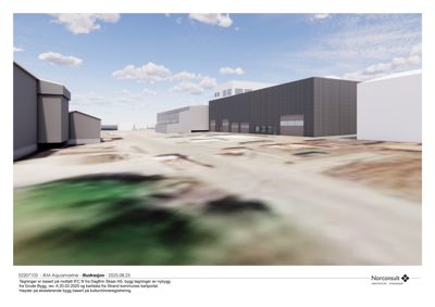 3D-visualisering (rendering) av et nytt byggprosjekt sett fra et visningspunkt.