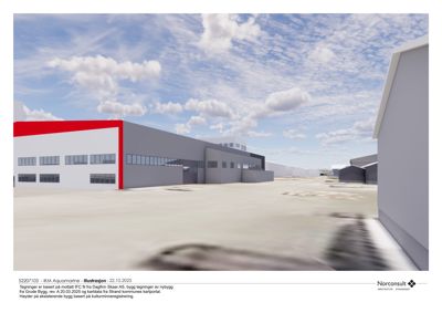 3D-visualisering (rendering) av et nytt bygg med omgivelsene, inkludert himmel og bakgrunnsbygninger.