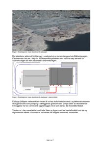 Bildet viser en 3D-visualisering (rendering) av et eksisterende industriområde sett fra luften, med en tilhørende situasjonsplan (Figur 4) som viser bilplasseringer.
