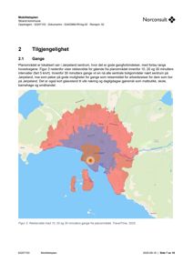 Kart som viser rekkevidde for gåing (10, 20 og 30 minutter) fra et planområde i Jørpeland sentrum, basert på TravelTime.
