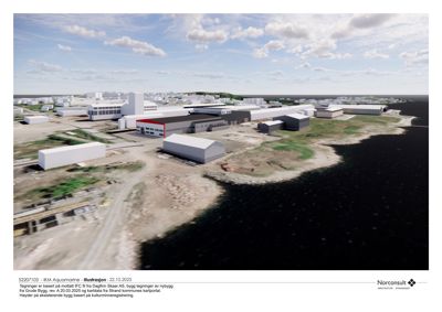 3D-visualisering (illustrasjon) av et nytt bygganlegg med omgivende terreng og eksisterende bygninger.