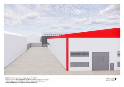 3D-visualisering (rendering) av en nybyggfasade med eksisterende bygninger i bakgrunnen.