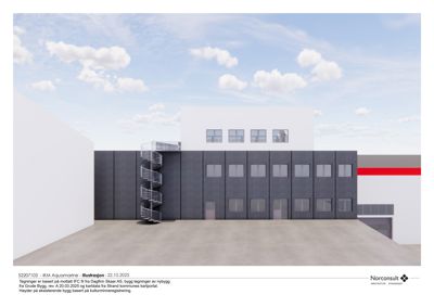 3D-visualisering (rendering) av en nybyggfasade med en spiraltrapp og eksisterende bygninger i bakgrunnen.