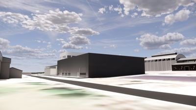 3D-visualisering av en bygning eller et byggkompleks sett fra utsiden.