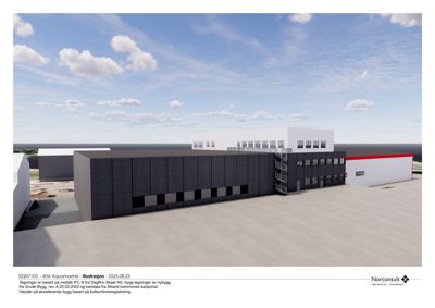 3D-visualisering (rendering) av et nytt bygg sett fra utsiden.