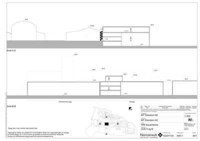 Snittegning (Snitt A-A og B-B) som viser tverrsnittet av eksisterende og nybygg, inkludert høyder og konstruksjonsdetaljer.