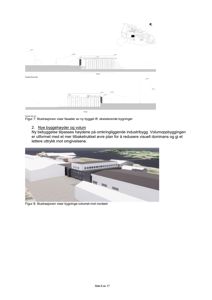Bildet viser en 3D-visualisering (rendering) av en planlagt bygning sett fra nordøst, inkludert fasader og volum. Det er også en mindre tegning øverst som viser fasadeopprikk.