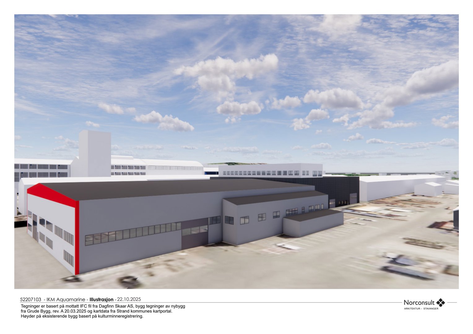 3D-visualisering (rendering) av et nytt bygg med eksisterende bygg i bakgrunnen.