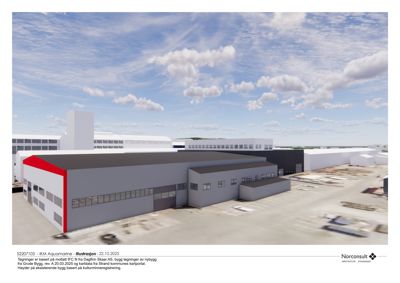 3D-visualisering (rendering) av et nytt bygg med eksisterende bygg i bakgrunnen.