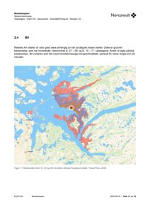 Et kart som viser rekkevidde for bilreise (10, 20 og 30 minutter) fra et sentralt punkt i et planområde.