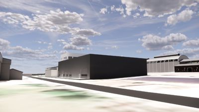 3D-visualisering av en bygning sett fra utsiden med himmel og skyer.