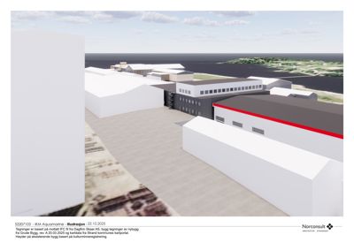 3D-visualisering (rendering) av et nytt byggkompleks ved kysten, inkludert omgivelsene.