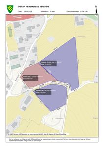 Kartutsnitt (kartklient) som viser tomtedeling med arealopplysninger, vegnett og nabolag.