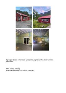 Bildet viser fire fotografier av en rød bygning (utenfra og innvendig) samt en avsluttende tekst med signatur.