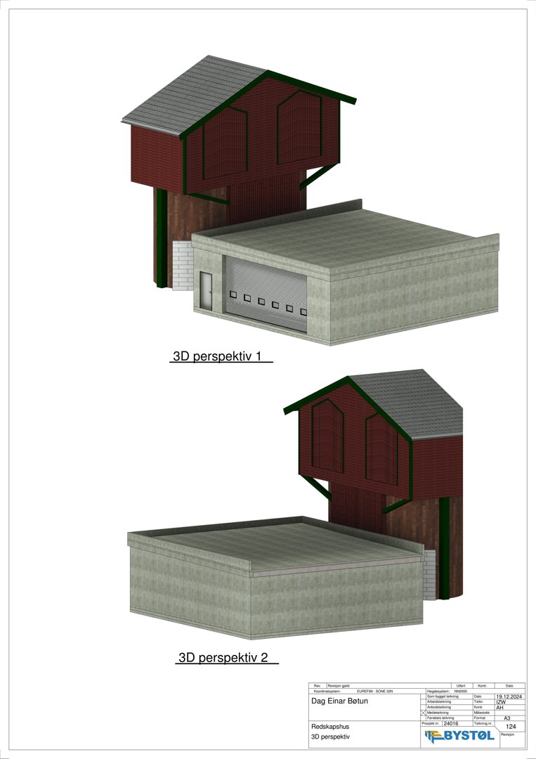3D-perspektivtegninger av et redskaps hus med garasje.
