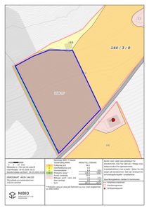 Gårdsplan med arealtall, eiendomsdata og marksklasklassifisering for eiendommen 4639-144/3/0.