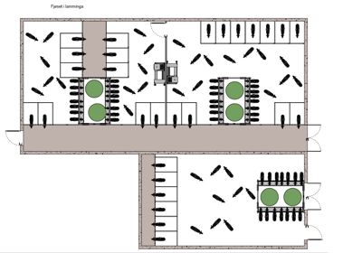 Etasjeplan (fjeset) som viser romfordeling, plassering av utstyr (grønne sirkler), vegger og inn-utganger.