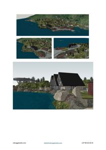 3D-visualisering av et nytt bygg (med karakteristisk A-formet tak) plassert ved kysten, inkludert to mindre utsnitt av området.