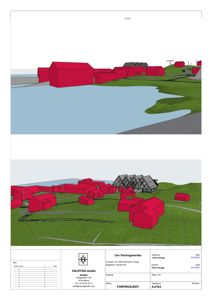 3D-visualisering (rendering) av et forprosjekt for 'Ure Visningssenter'. Bildet viser bygningene i rødt og terrenget i grønt sett fra ulike vinkler.