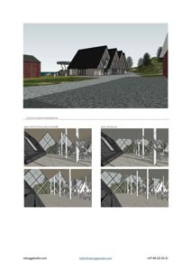 Bildet viser en 3D-visualisering (rendering) av et bygningsskisse, samt fire mindre innvendige perspektivtegninger som viser ulike alternativer for balcony/terrasse.