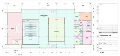 Etasjeplan for et visningssenter som viser romfordeling, arealer og funksjoner.