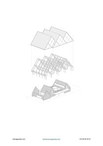 En illustrasjon som viser en bygning i tre nivåer: fasade, takkonstruksjon og snitt.