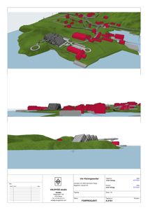 3D-visualisering (rendering) av et forprosjekt for Ure Visningssenter, som viser bygningene i forhold til terrenget og vannet.