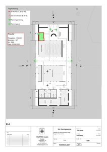 Etasjeplan (E-1) for et visningssenter som viser romfordeling, dimensjoner og ramningsretning.