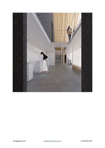 3D-visualisering av et interiør med mennesker, møbler og tekst på vegger.