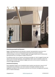 Fotografi av en planlagt bygning (interiør) med tekstbeskrivelse om plassering og arkitektonisk betydning.