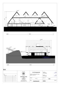 Snittegning (S-01 og S-02) som viser bygningens tverrsnitt, høyder, innvendige rom og terrengforhold.