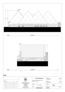 Fasadetegning (opprikk) som viser bygningens utseende fra to sider (Fasade A og Fasade B) med høydemål og detaljer.
