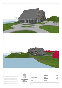 3D-visualisering (rendering) av et forprosjekt for Ure Visningssenter, som viser bygningens fasade og omgivelsene.