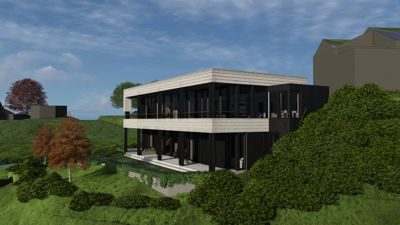 3D-visualisering av en moderne villa sett fra utsiden, med omgivende natur og himmel.