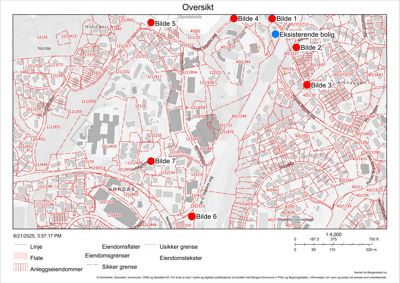 Kart over eiendomsforhold med eiendomsgrenser, eiendomstakter og eiendomsmarkeringer.