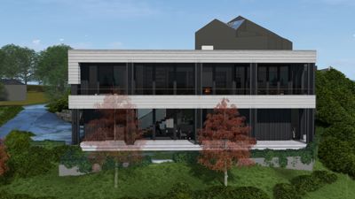 3D-visualisering av en moderne toetasjes bolig sett fra fronten, med omgivende natur.