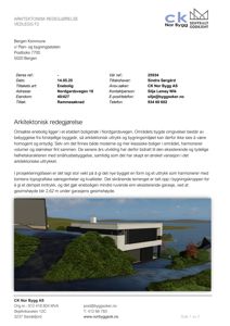 3D-visualisering av en planlagt enebolig sett fra utsiden, inkludert omgivelsene.