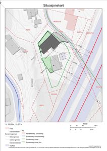 Situasjonskart som viser eiendomsgranser, topografi, vei og naboeiendommer.
