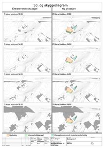 Sol- og skyggediagram som viser eksisterende og ny situasjon for et byggeprosjekt.