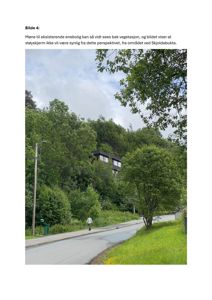 Fotografi av en eksisterende enebolig sett fra veien, med omgivende vegetasjon og en person som går på veien.