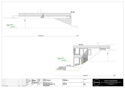 Fasadetegning som viser oppriss av bygningens SØ- og SV-fasade med høydemål og terrengforhold.