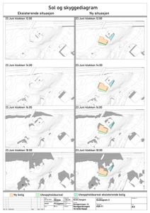 Sol- og skyggediagram som viser solforhold og skygger for eksisterende og ny situasjon på ulike tidspunkt.
