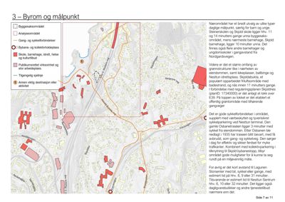 Situasjonsplan som viser bygningsplassering, vegnett, gang- og sykkelveier, og tilgjengelighet til ulike målsetninger i et byrom.