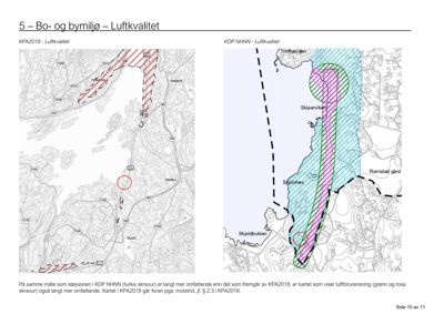 Kart som viser luftkvalitet og støysoner i et område med kystlinje og topografi.