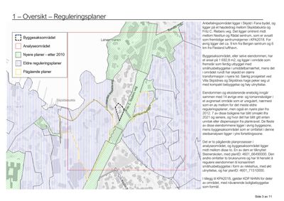 Kart over et reguleringsplan-område med overlappende planer (grønn, gul, blå, rød) og tekstbeskrivelse av området.